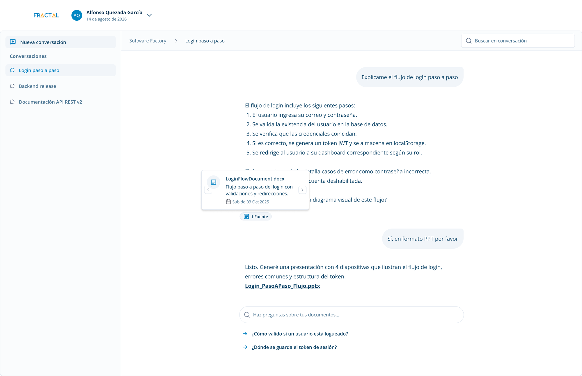 Fractal IA conversation explaining the login flow step by step, with a source card showing the document it came from and follow-up questions below