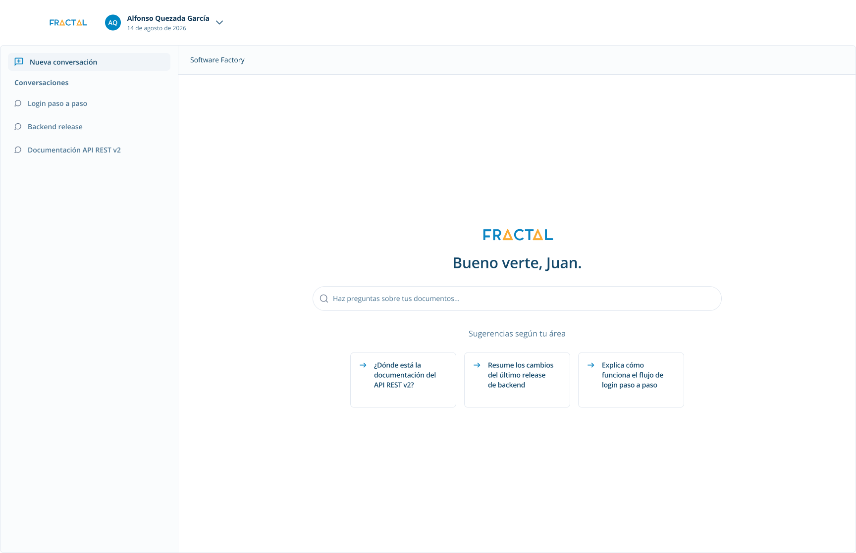 Fractal IA home screen with a search bar and three suggested questions based on the employee's department
