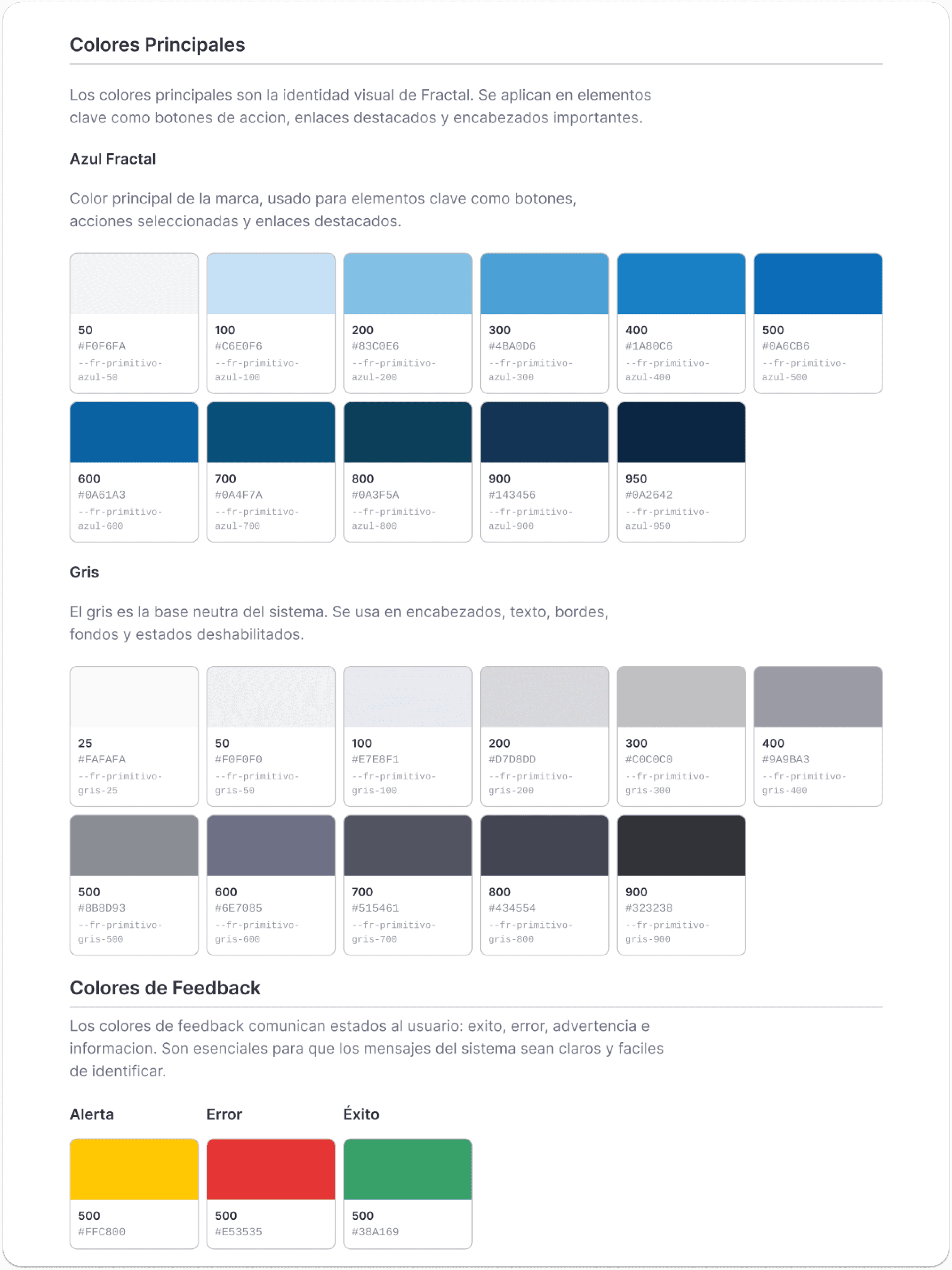 Fractal design system color tokens: blue, gray, and feedback colors