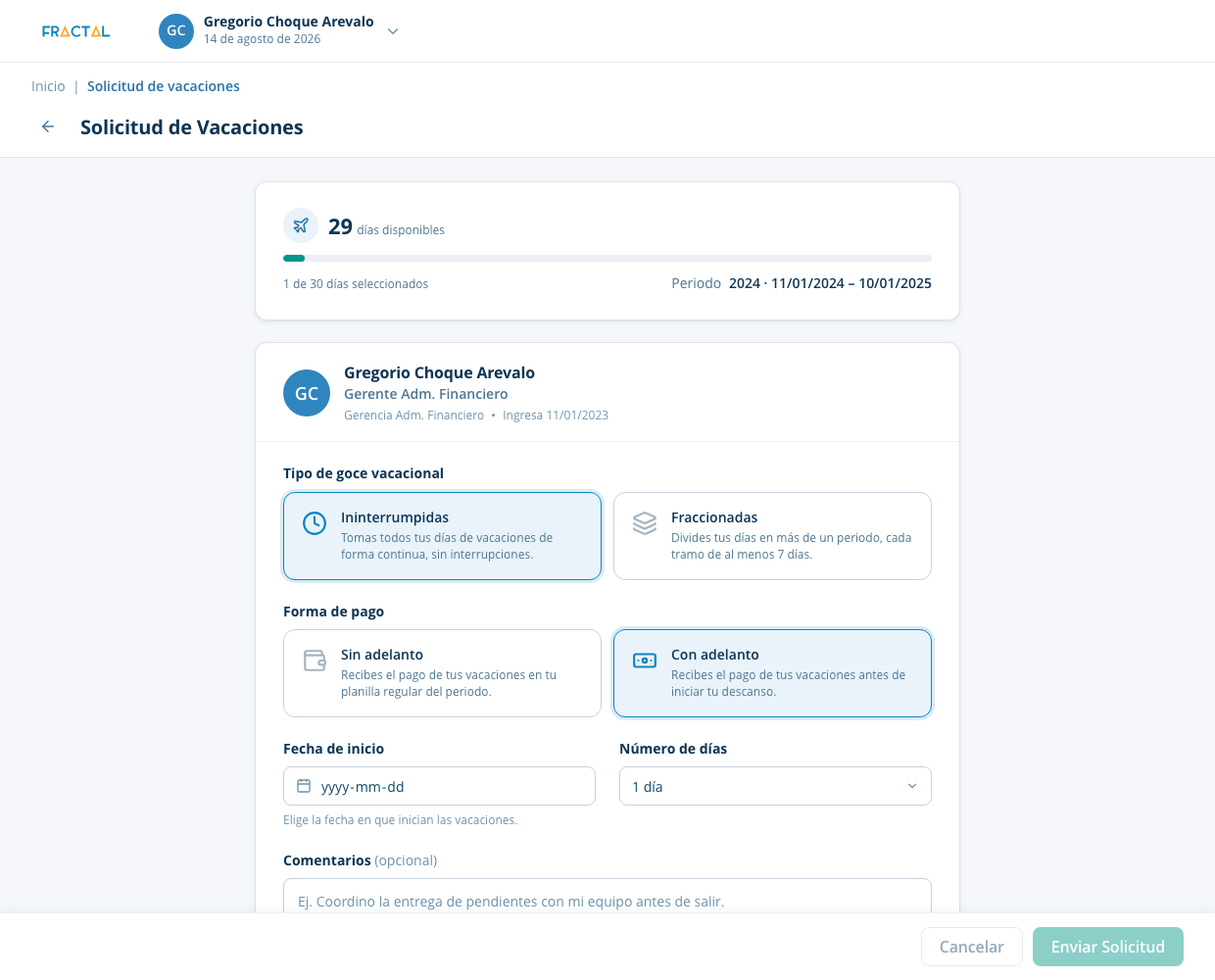 Redesigned vacation request flow with a live balance bar, auto-completed dates, and explained radiocards