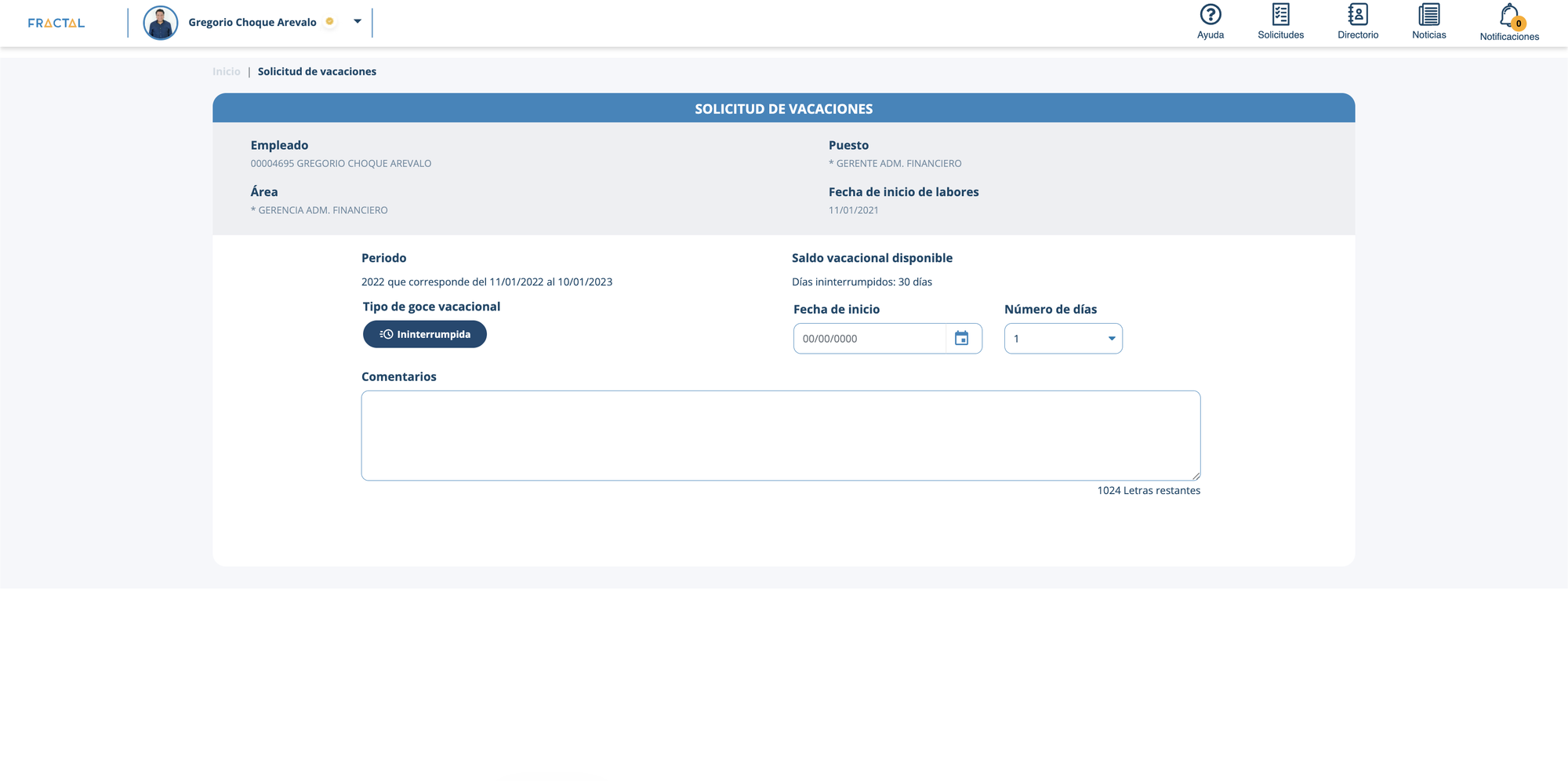 Original Fractal vacation request screen: balance and terminology were hard to read at a glance
