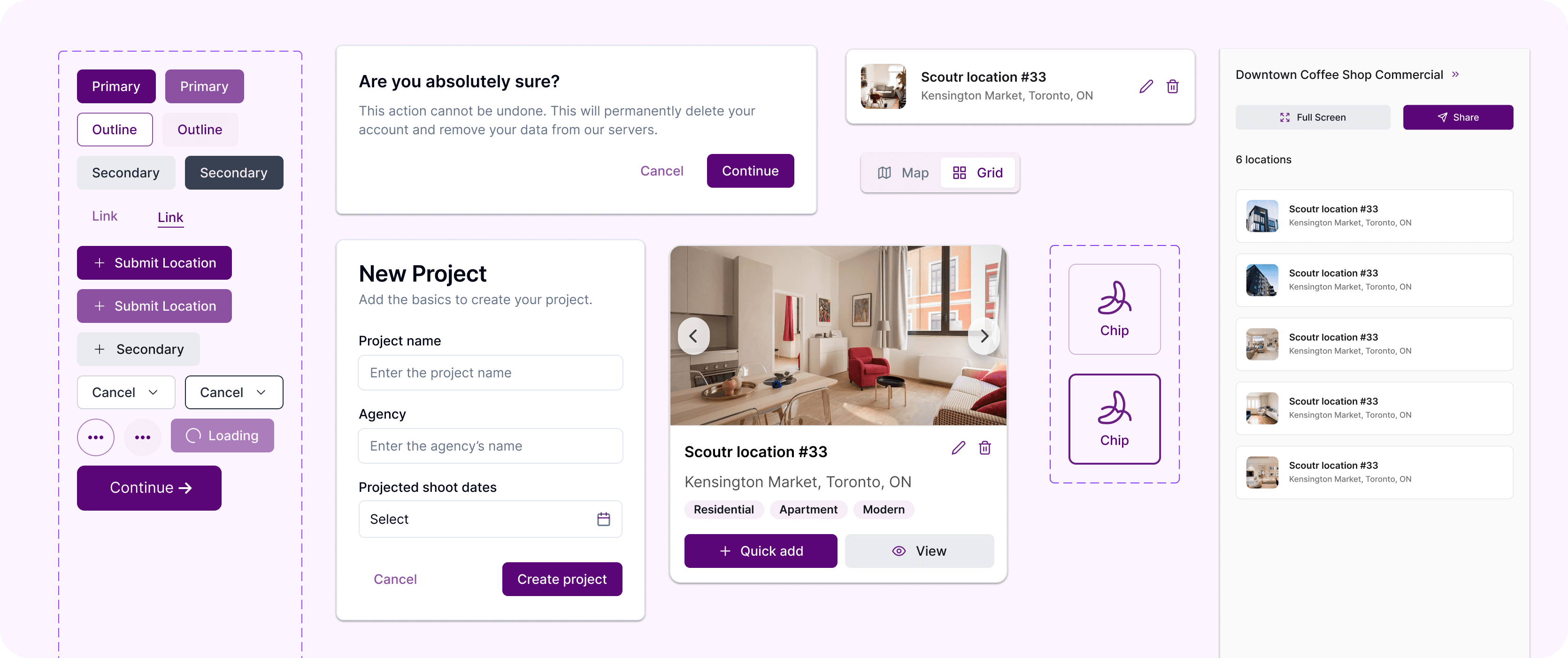 Scoutr design system components: buttons, modals, cards, forms