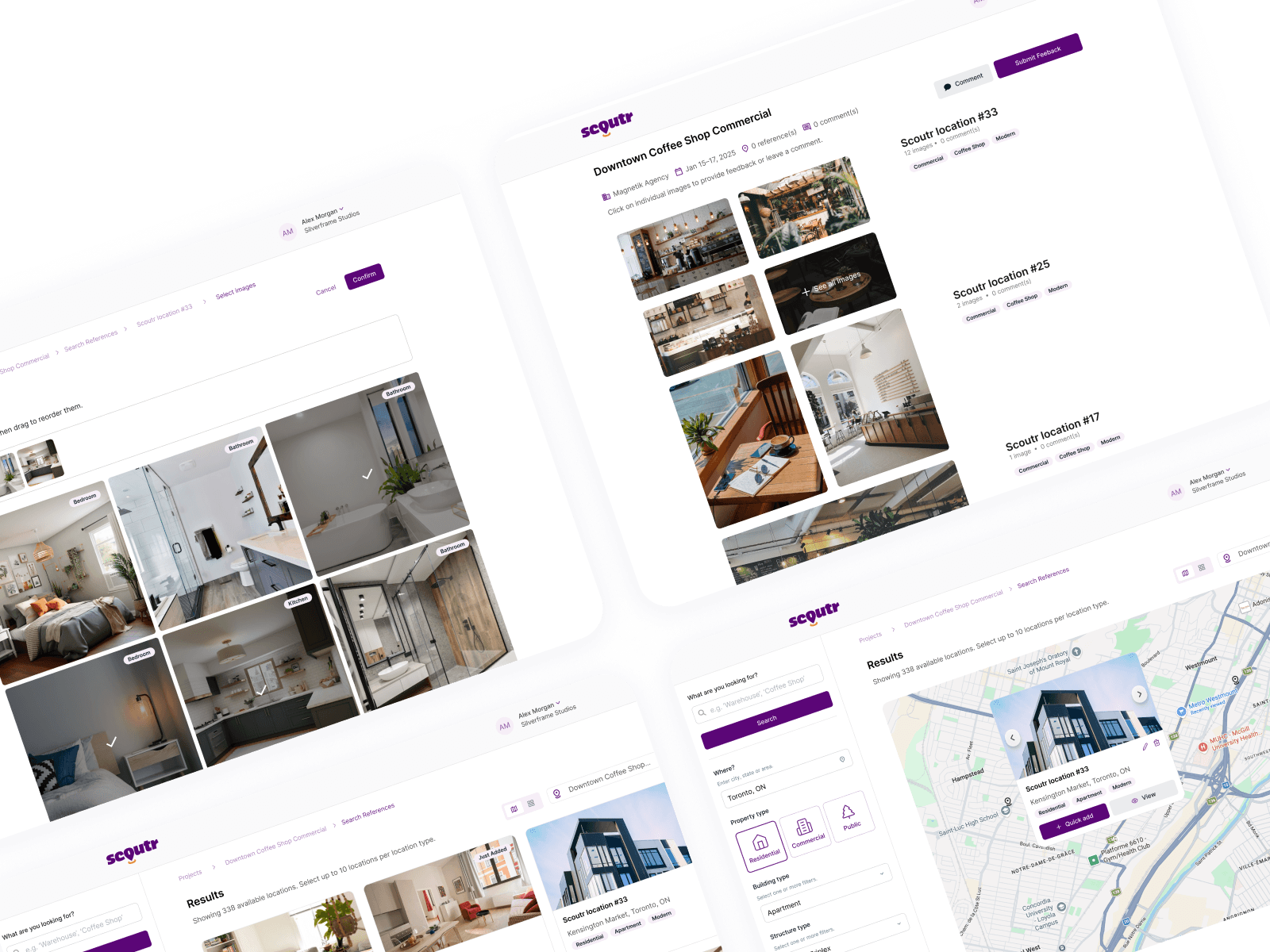Scoutr design system applied across search, review, and map screens