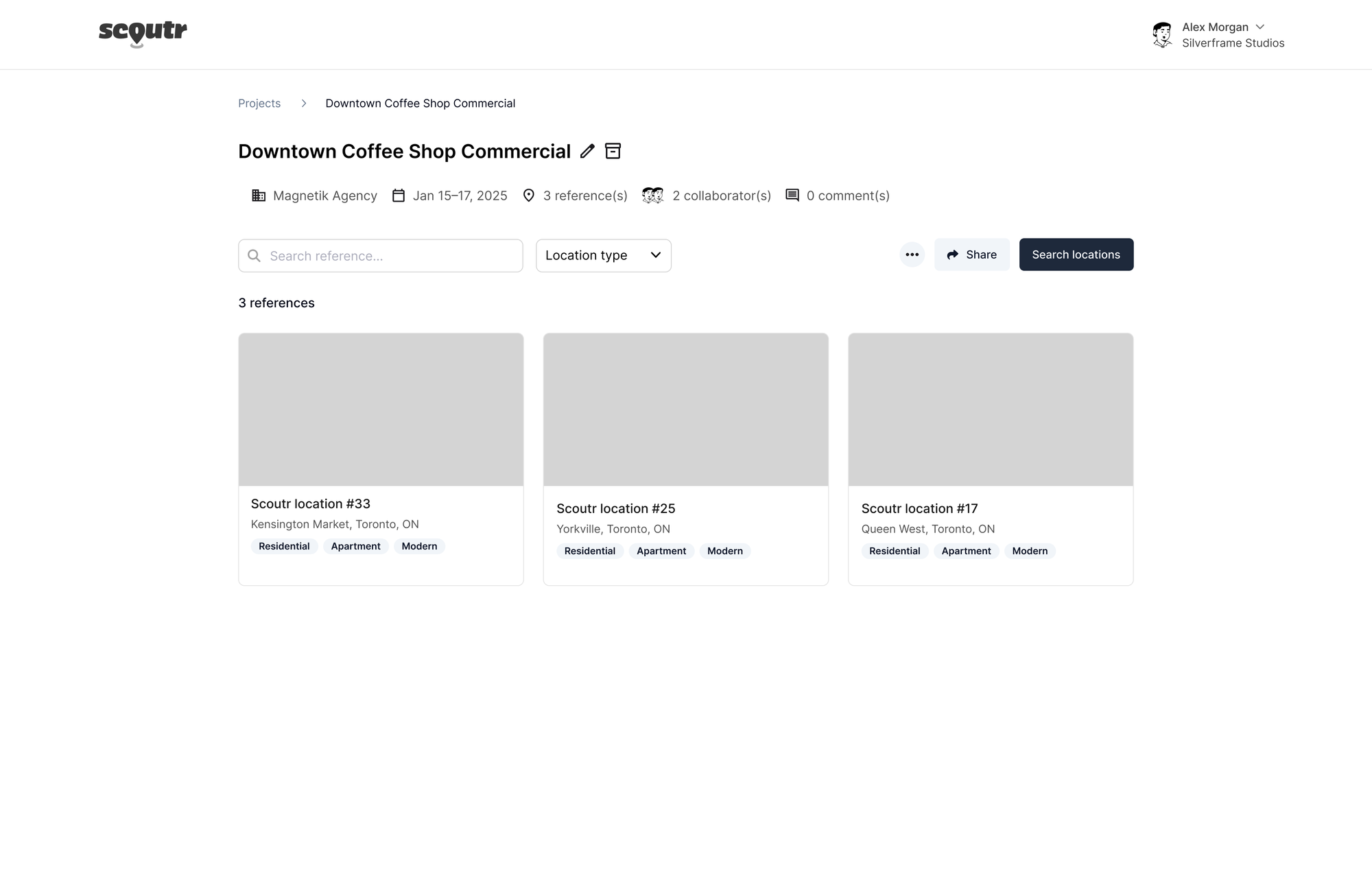 Scoutr project page showing search and a location type filter in one view, no folders